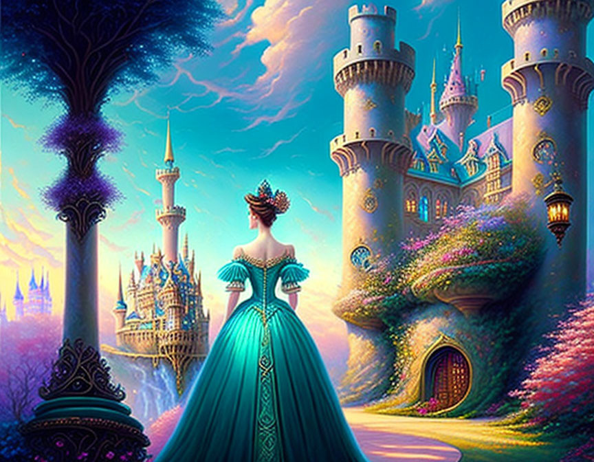 Woman in teal dress at picturesque castle with vibrant flora under purple sky