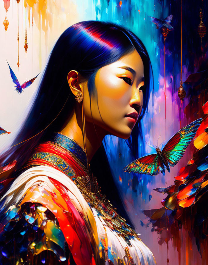 Colorful digital artwork: East Asian woman with butterflies in vibrant blues, yellows, and reds