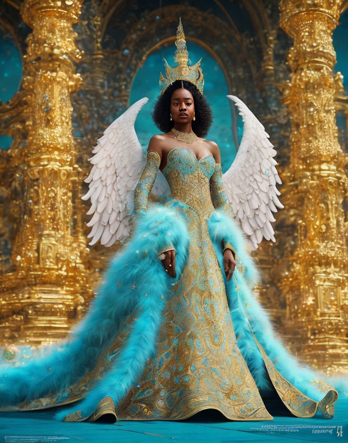 Elegant woman in blue-golden dress with angelic wings at golden temple structures