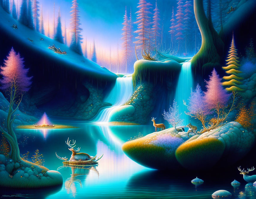 Fantasy landscape with glowing blue river, waterfalls, deer, vibrant trees, and luminous plants