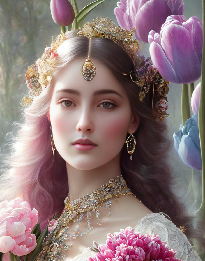 Pink-haired woman with golden crown in tulip garden radiates regal serenity