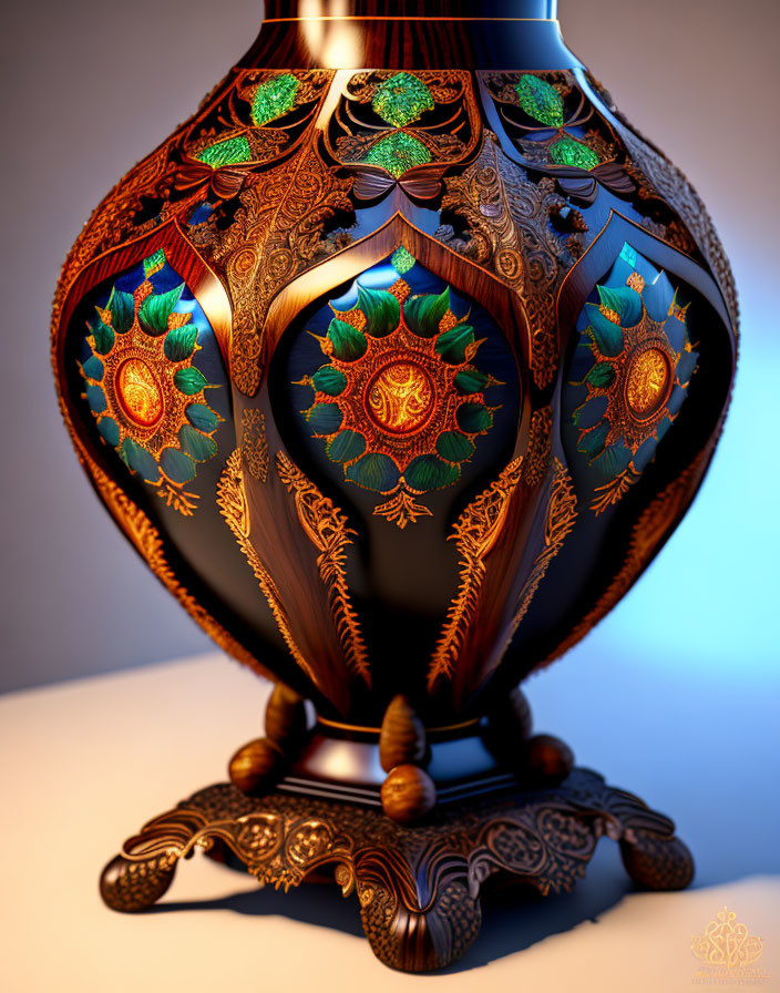 Colorful Ornate Vase with Green, Orange, and Gold Hues on Brass Stand