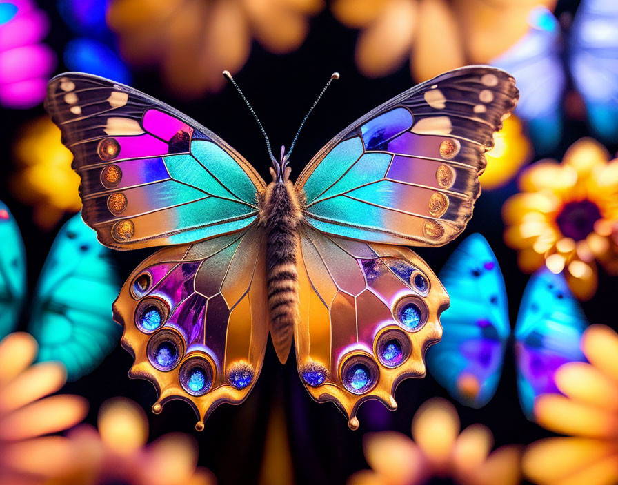 Colorful Butterfly with Blue and Orange Wings on Bokeh Background