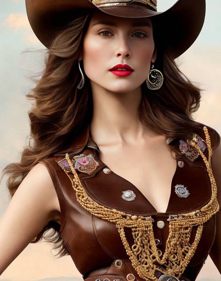 Woman with wavy hair in wide-brimmed hat and hoop earrings