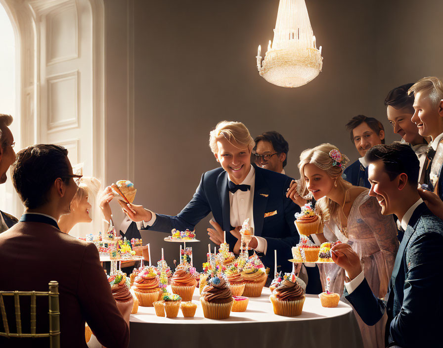 Elegantly dressed people enjoying ornate cupcakes at a table