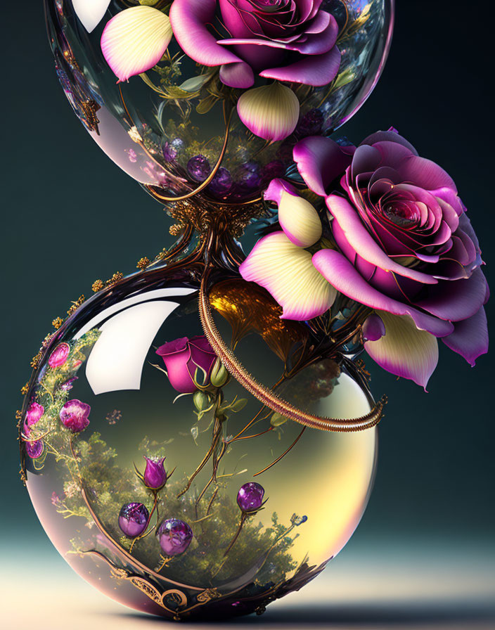 Ornate floral-filled spheres with intricate gold design on gradient backdrop