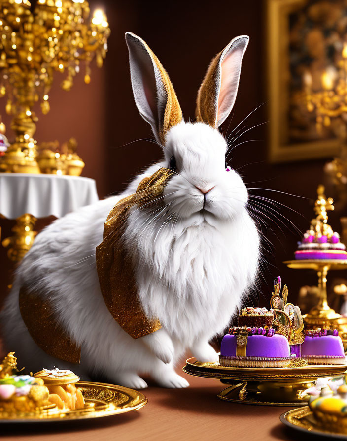 White Rabbit with Golden Bow Surrounded by Luxurious Decor