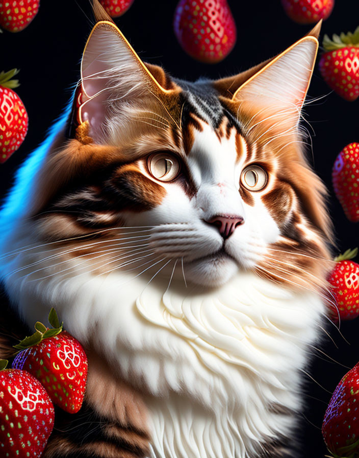 Majestic cat with striking fur patterns and intense eyes among strawberries on dark background