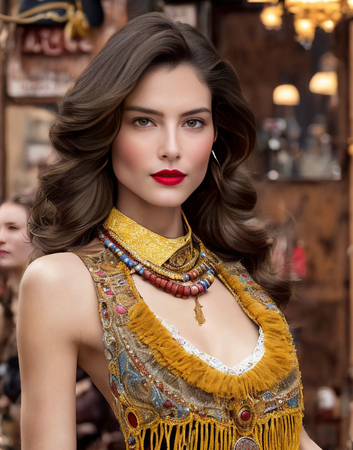 Woman with Red Lipstick and Wavy Hair in Colorful Outfit and Necklace