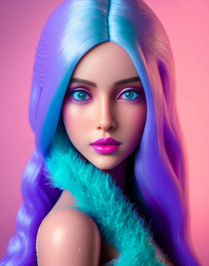 Vibrant 3D illustration of woman with blue and purple hair and teal fur accessory