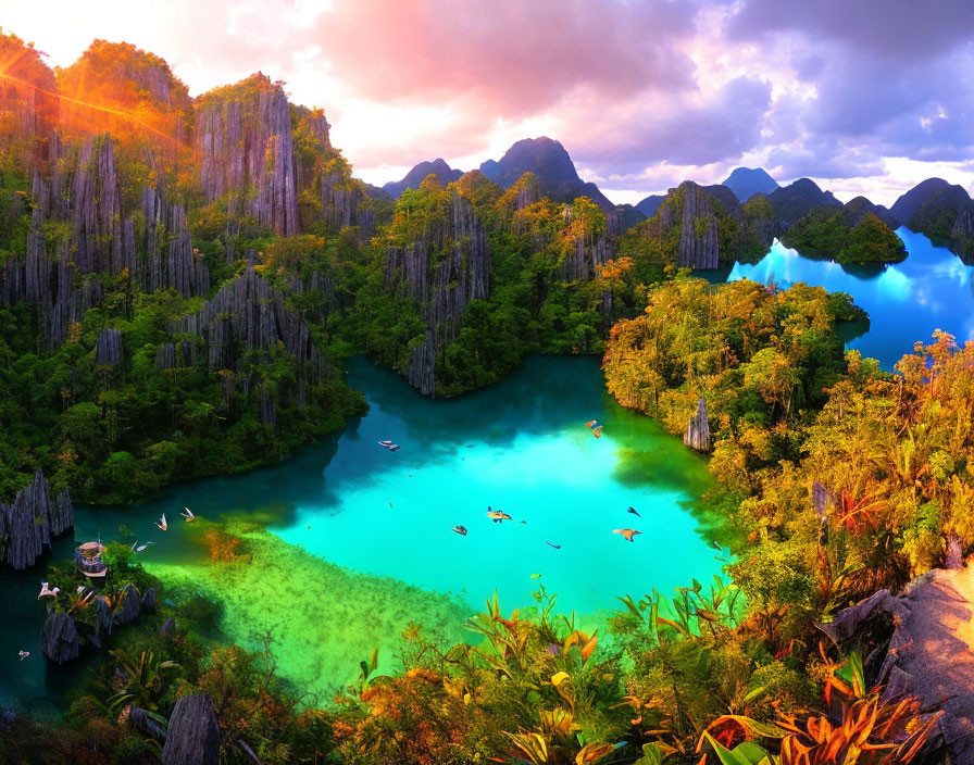 Tropical landscape with turquoise lagoon, cliffs, greenery, and boats at sunrise