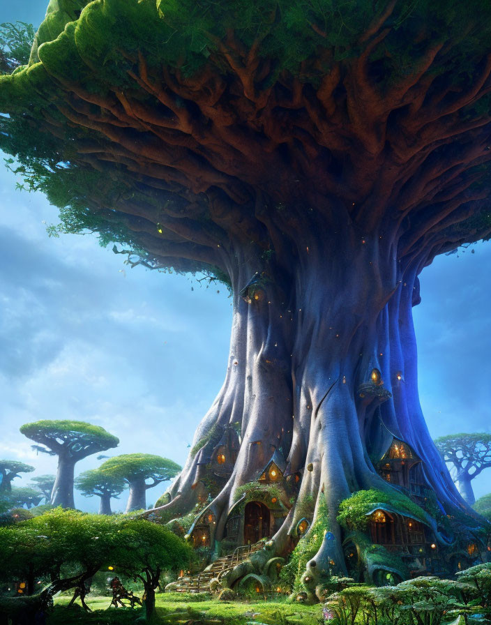 Enchanting massive tree with glowing doorways and windows in mystical forest