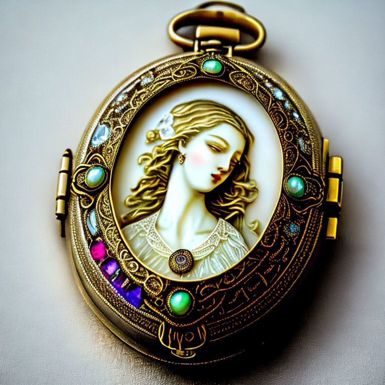 Ornate Vintage Pocket Watch with Painted Portrait of Woman