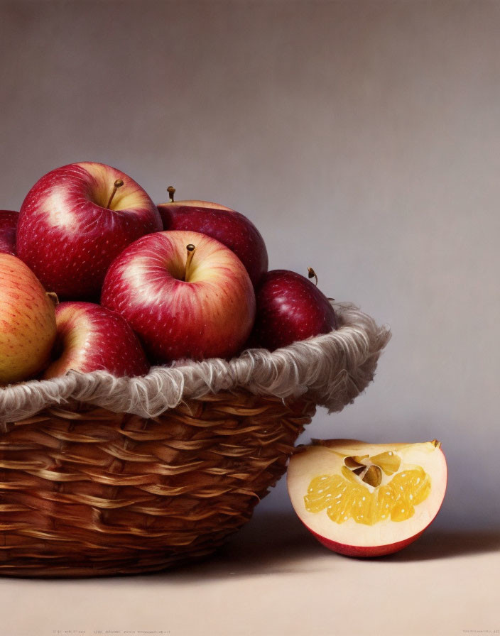 Wicker basket with red apples and lemon slice on draped cloth