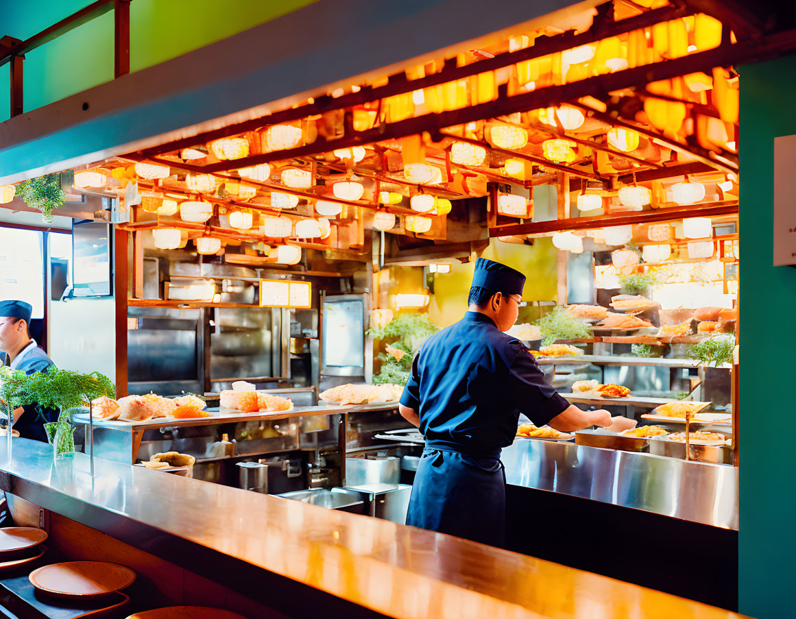 Chefs cooking in well-lit restaurant kitchen with various dishes.