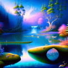 Fantasy landscape with glowing blue river, waterfalls, deer, vibrant trees, and luminous plants