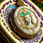 Intricate cameo pendant of elegant woman with pearl and gemstone details