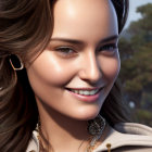 Smiling woman with wavy hair in white lace garment