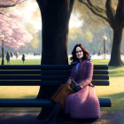 Woman sitting on park bench with two cats among cherry blossoms