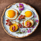 Sunny-Side-Up Eggs and Bacon with Flowers on White Plate