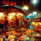 Colorful Fruit and Vegetable Market Scene with Hanging Light Bulbs