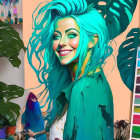 Colorful portrait of woman with blue and teal hair, smiling against green tropical leaves.