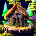 Miniature illuminated fantasy house in enchanted forest setting