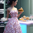 Elegant woman in dress with cake in dessert-filled kitchen