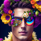 Intense blue eyes with vibrant floral makeup and colorful flower crown on dark background