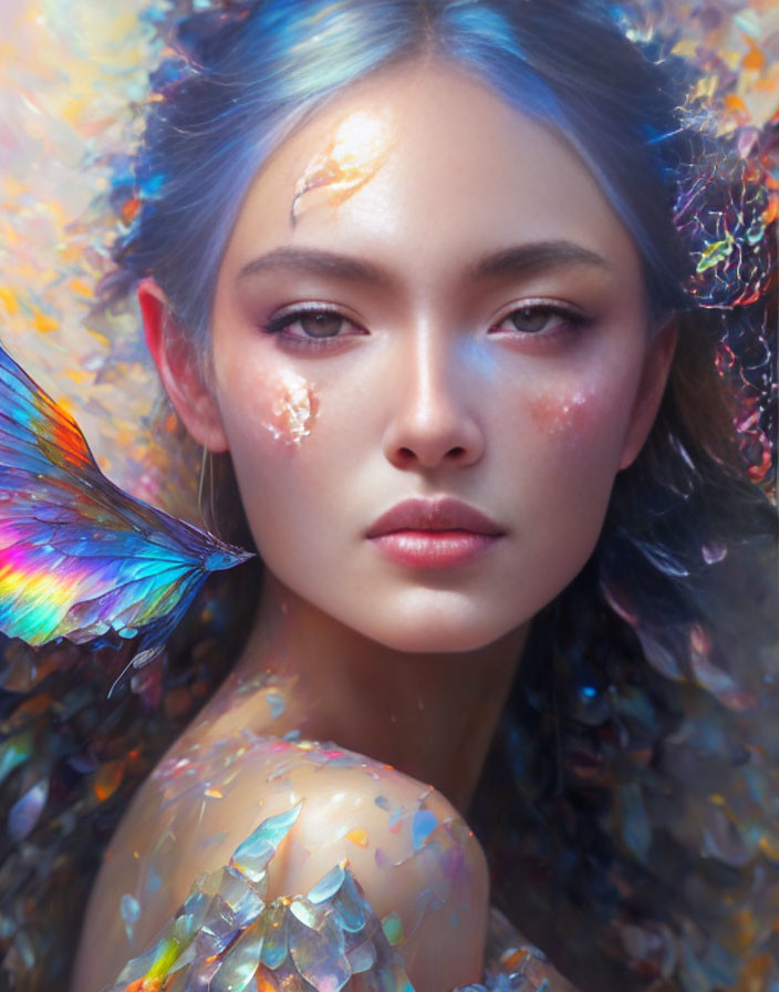 Woman portrait with blue hair, butterfly wings, and shimmering scales on vibrant background