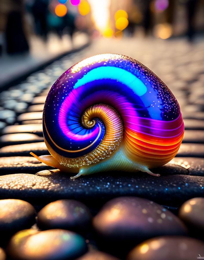 Vibrant digitally enhanced snail on cobblestone surface