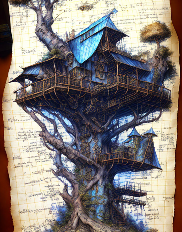 Multi-level treehouse with blue roofs around a tree, against handwritten script backdrop