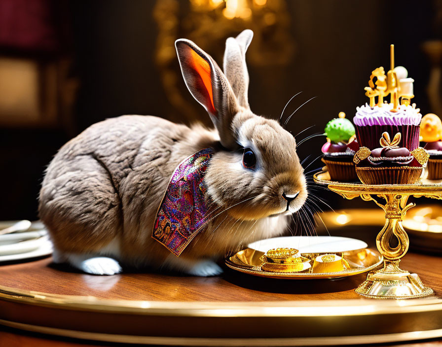 Paisley bandana rabbit with golden tray and pastries on elegant table