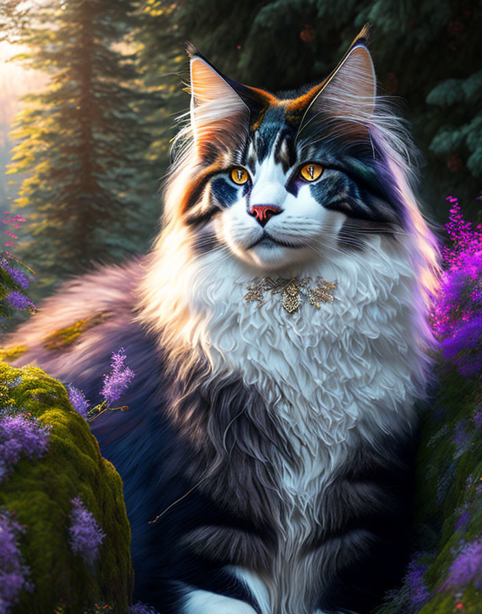 Majestic black and white long-haired cat in enchanting forest with purple flowers