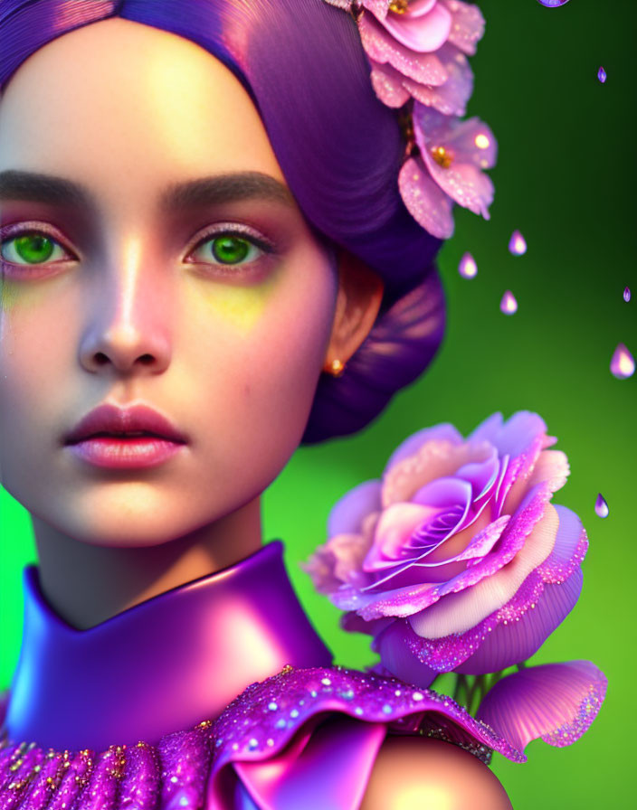 Digital artwork: Woman with green eyes, purple floral accessories, shiny outfit on green background