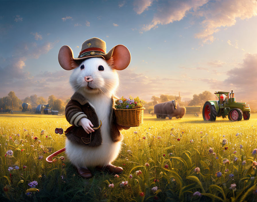 Anthropomorphic mouse with flowers in field at sunset