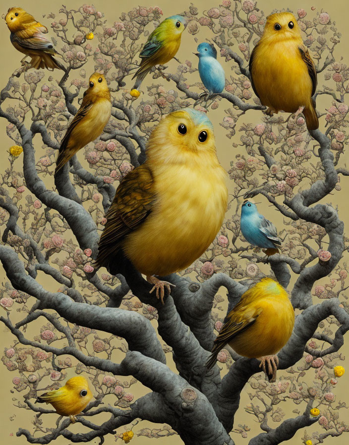 Stylized fluffy birds on branches with blossoms on beige background