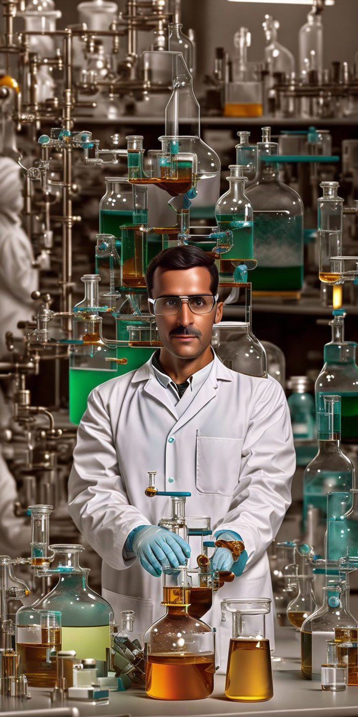 Scientist in Lab Coat with Colorful Chemicals and Glassware