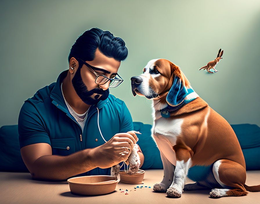 Man feeding colorful bird with attentive dog nearby