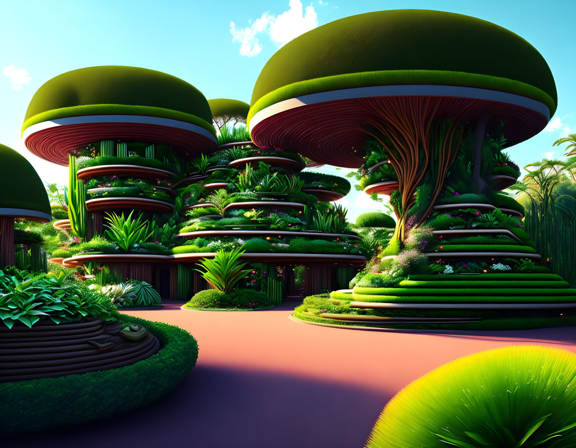 Vibrant digital landscape with oversized mushroom-like vegetation