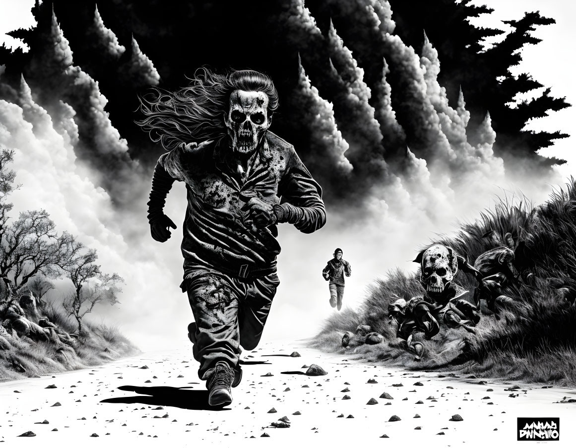 Monochrome illustration of man fleeing zombies in stormy sky