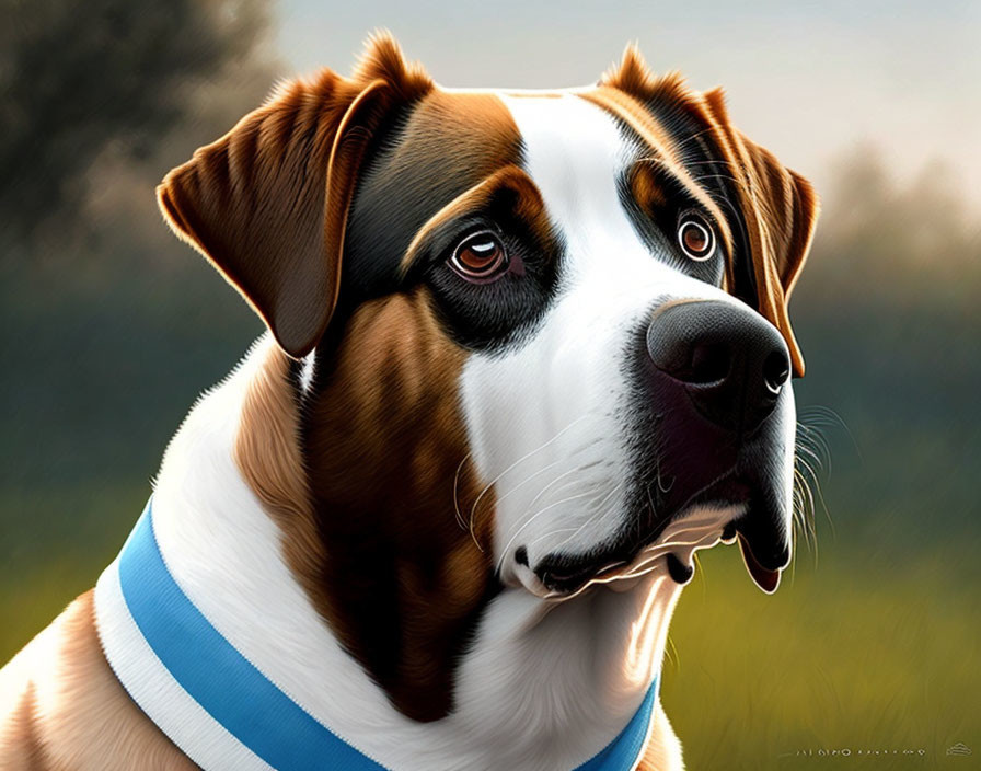 Detailed illustration of brown and white dog with striking eyes and blue collar on blurred green backdrop