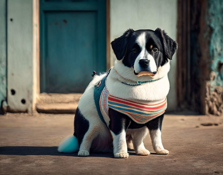 Fluffy black and white dog in striped sweater with biscuit by old door