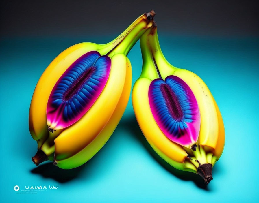 Bananas with Blue and Purple Kiwi-Like Interiors on Teal Background