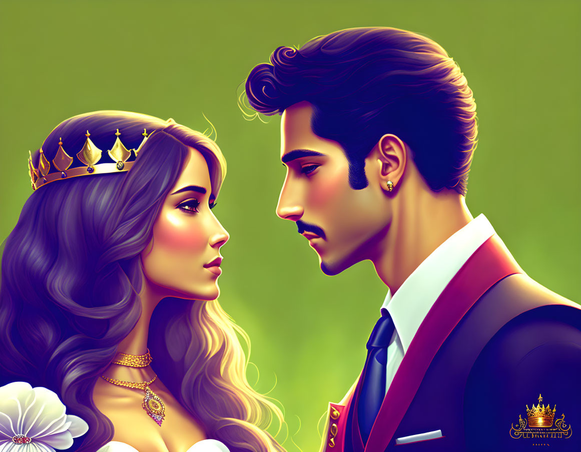 Stylized illustration of royal couple in sash, suit, and crown gazes.