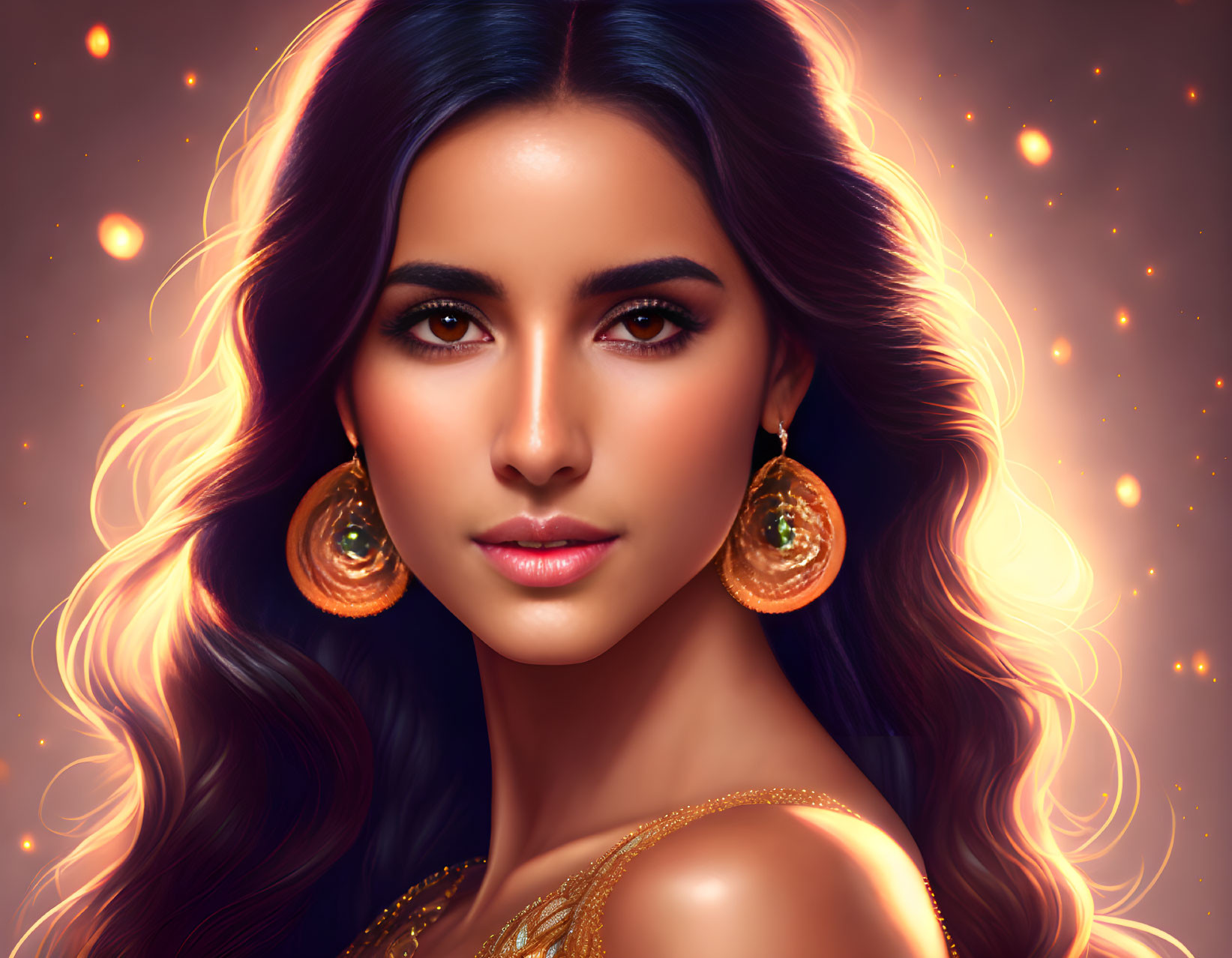 Digital portrait of woman with long wavy hair, glowing earrings, golden outfit, warm background