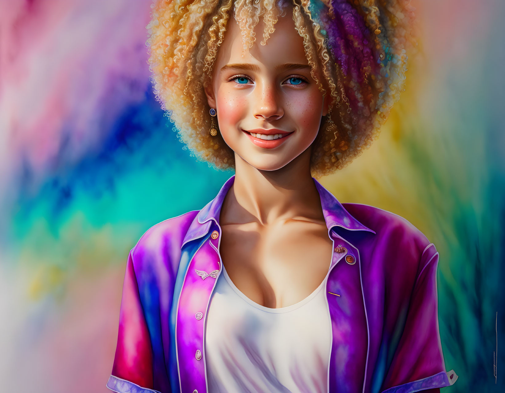 Smiling person with curly blond hair in purple jacket on colorful backdrop