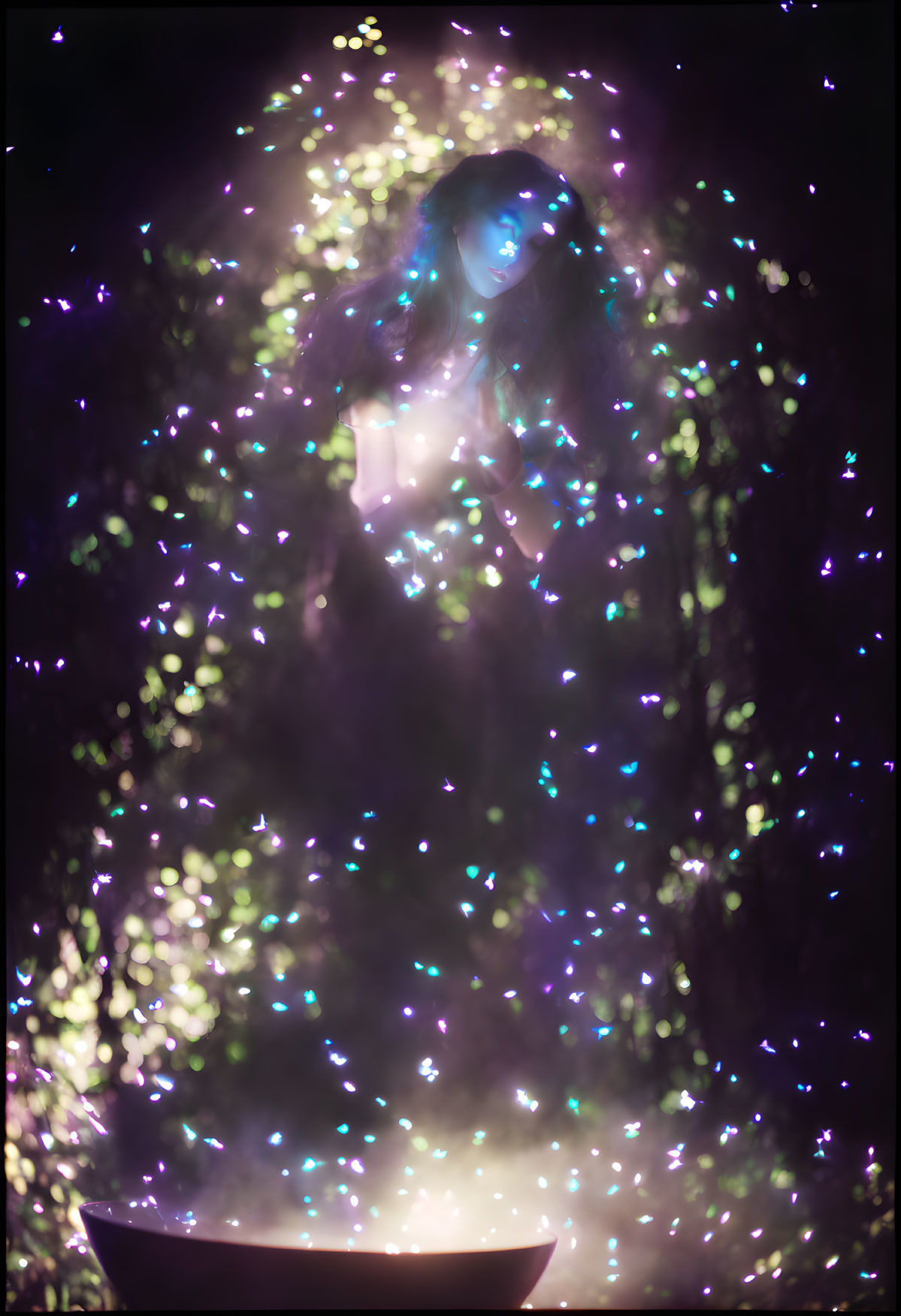 Mysterious figure enveloped in colorful twinkling lights