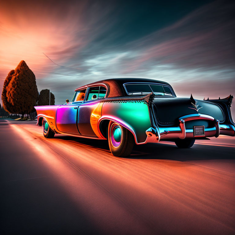 Colorful classic car speeds on road at sunset