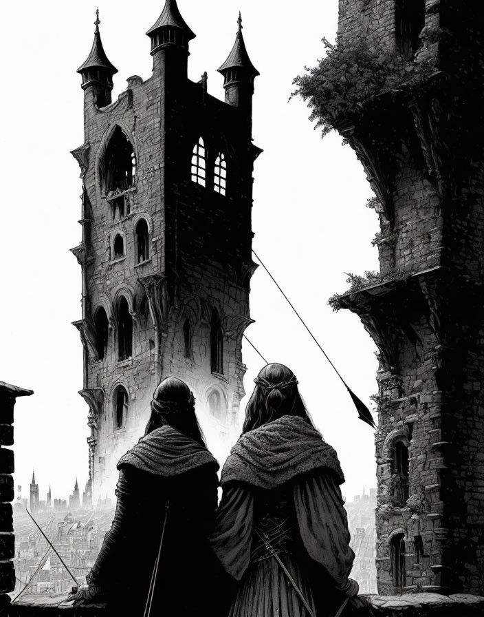 Cloaked figures observe intricate spire in misty medieval landscape